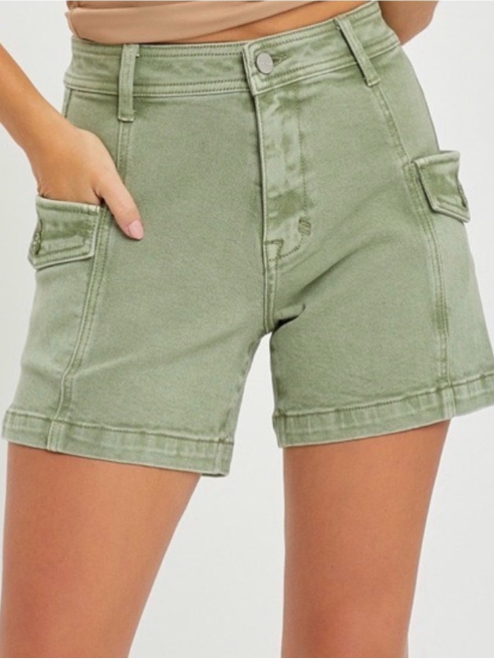 Risen High-Rise Utility Shorts in Sage Green